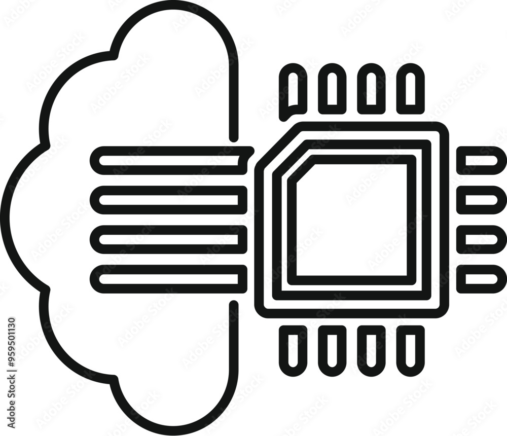 Poster simple vector icon of a cloud computing data transferring to a microchip, representing cloud computi