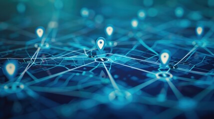 Abstract map with network of connections and location pins. Concept of global network, connectivity, and communication.