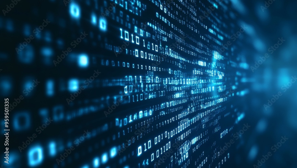 Poster Abstract blue binary code digital background with glowing digital data.