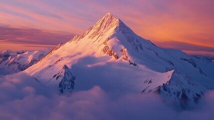 Snow-capped mountain peak glowing in warm sunset light with purple sky