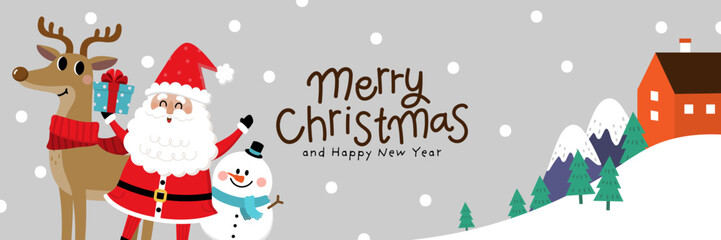 Merry Christmas and happy new year with Santa Claus, deer and dog. Holiday cartoon character in winter season. -Vector