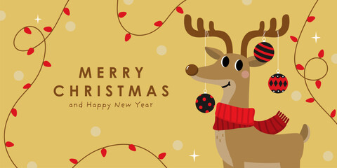 Cute deer, reindeer in red winter costume with xmas ornament ball and bulb light. Merry Christmas and happy new year greeting card.  Animal holidays cartoon character set. © Dusida