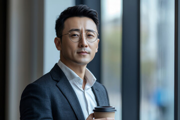 Fototapeta premium A young Asian man in a suit and glasses holding a cup of coffee.