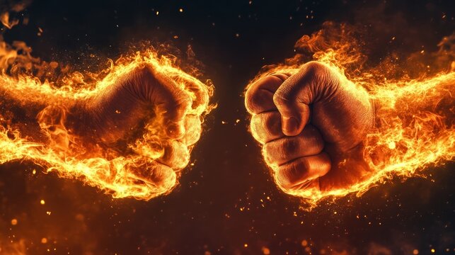 Close up Two fists clash on fire background. hot confrontation and power, hand and arm strength, explosive impact, sport match, destruction. AI generated image