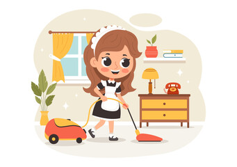 Professional Maid Vector Illustration of a Girl Cleaning Service Worker Wearing a Uniform and Apron While Cleaning a House in a Cartoon Background