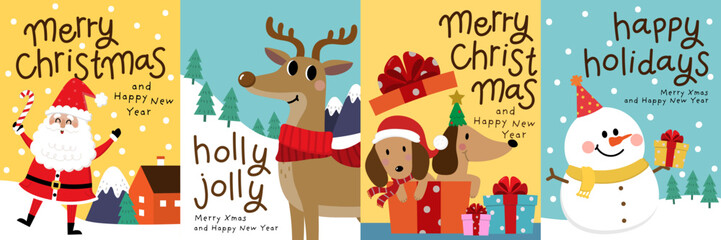 Merry Christmas and happy new year with Santa Claus, deer and dog. Holiday cartoon character in winter season. -Vector
