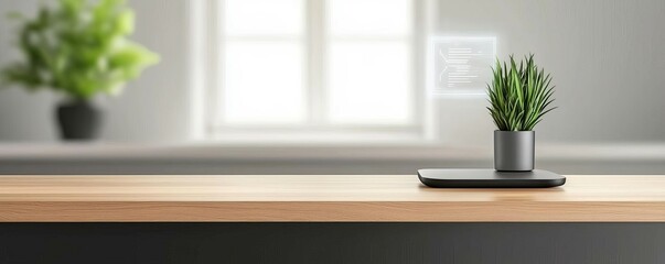 Wooden tabletop with a plant and a phone on a blurred background.