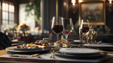 A luxurious setting with 3D-rendered wine and tapas plates on a rich table