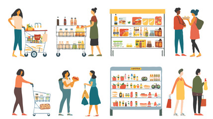 Set of different customers in a grocery store. People make purchases of food and drinks. Routine and household chores concepts. Vector flat illustrations on a white background