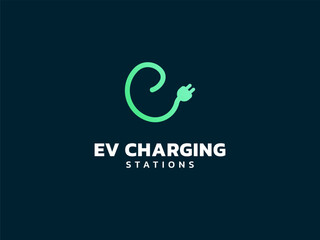 Fototapeta premium Electric vehicle charging letter e with EV Plug Connector Symbol logo vector design concept. Letter E logotype symbol for Electric Car, EV station, ui, web, ev business, infographic, new technology.