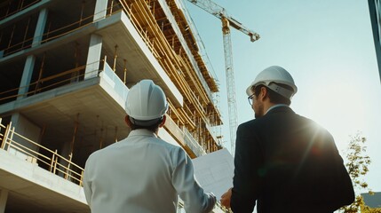 Constructive collaboration between professionals inspecting a building site under development, showcasing teamwork and planning.