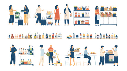 Set of different customers in a grocery store. People make purchases of food and drinks. Routine and household chores concepts. Vector flat illustrations on a white background