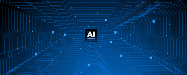 Abstract AI circuit board background. Technology connected blue lines with electronics elements on tech. Computer motherboard with a chip, processor, and semiconductor. Digital vector illustration