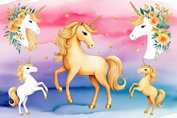 Lovely Golden Unicorn Watercolor Clip Art Collection