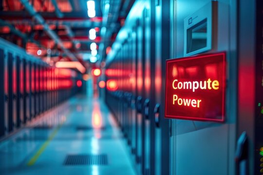 A clean sign displaying "Compute Power" in contemporary font, positioned near a section of the data center focused on processing capabilities 