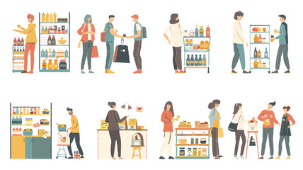 Set of different customers in a grocery store. People make purchases of food and drinks. Routine and household chores concepts. Vector flat illustrations on a white background