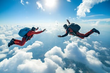 Two Skydivers Falling Through the Clouds
