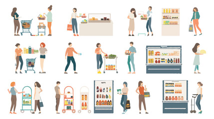 Set of different customers in a grocery store. People make purchases of food and drinks. Routine and household chores concepts. Vector flat illustrations on a white background