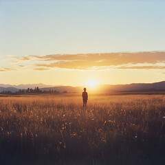 Fototapeta premium Person standing in an open field at sunrise ready to embrace new possibilities and opportunities