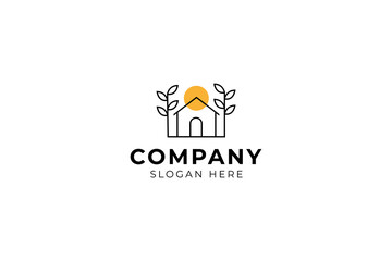 Minimalist house logo in sunlight and trees in line art design