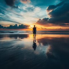 Fototapeta premium Beach scene at dawn with a person standing ready to welcome the new day and its possibilities