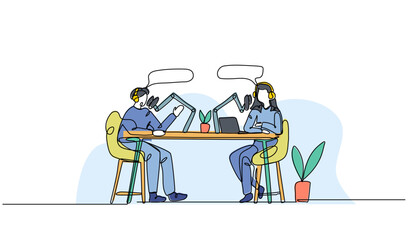 Vector illustration of a young man and  woman podcast. Modern flat in continuous line style.