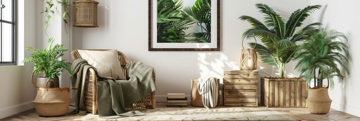 Fototapeta premium Contemporary living room interior featuring a fashionable rattan armchair with cushions, a cozy throw, indoor plants, a wooden cube, tropical foliage, a mock-up poster frame, and sophisticated