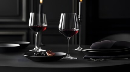 Elegant wine glasses and small plates in a setting of luxurious deep tones