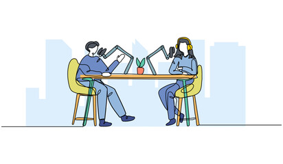 Vector illustration of a young man and  woman podcast. Modern flat in continuous line style.