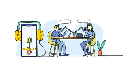 Vector illustration of a young man and  woman podcast. Modern flat in continuous line style.