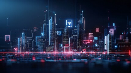 Obraz premium Illustration of a futuristic city where economic policy drives innovation, represented by digital blueprints and tech symbols