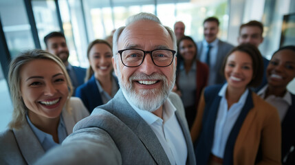 Obraz premium Attractive senior businessman taking a selfie with a diverse group of smiling people at a conference in the office