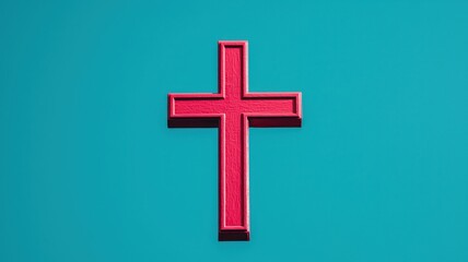 Obraz premium A vibrant red cross against a bright turquoise background, symbolizing faith and spirituality in a modern context.