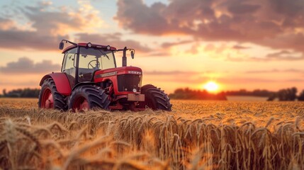Fototapeta premium A close-up of a vintage tractor, beautifully restored and parked in a field of golden wheat, with a dramatic sunset casting warm hues across the scene 