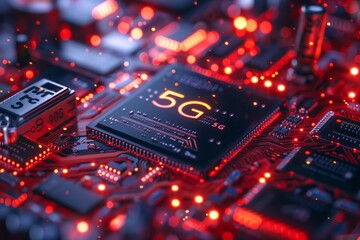 A close-up of advanced 5G chipset technology, with intricate circuitry illuminated, with "5G" written on it, showcasing innovation in telecommunications 