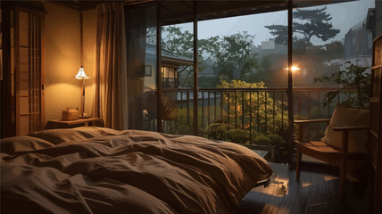 Serene Bedroom with Balcony View of Trees and Sunset