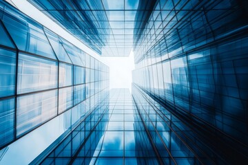 A low angle view of a modern office building with a glass facade, looking up to the sky.