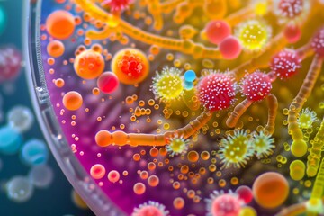 A close-up view of a vibrant, colorful bacterial colony on an agar plate, showcasing diverse shapes and textures under a high-powered microscope. 