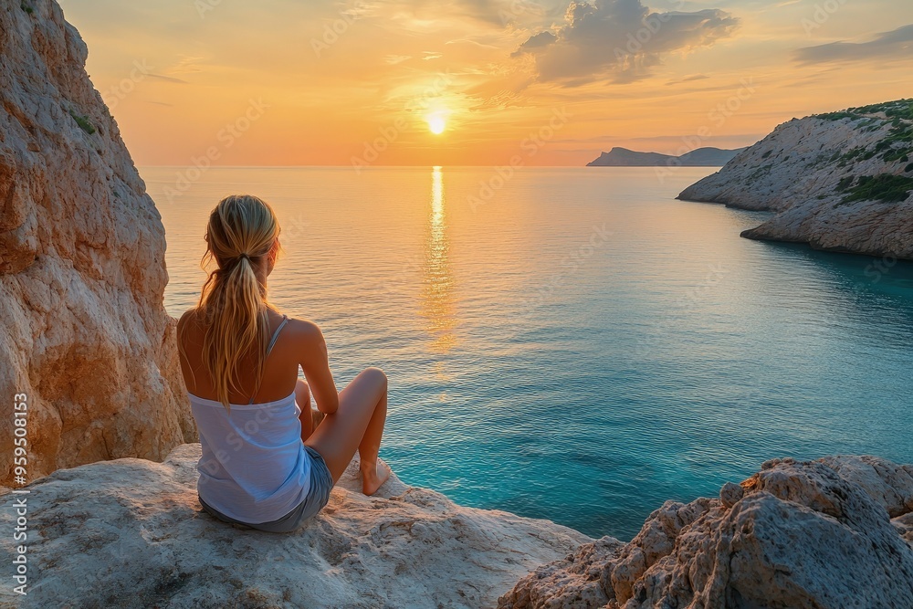 Poster a woman sitting on a rock looking out at the ocean