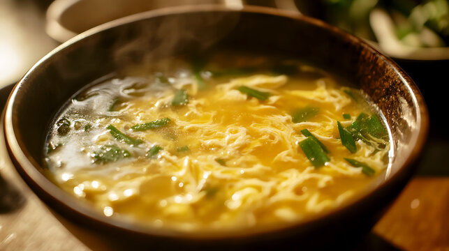 comforting bowl of egg drop soup, with ribbons of egg swirling in a rich broth