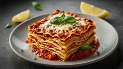 Fototapeta premium italian pasta dish lasagna isolated on a ceramic plate, concept for advertisement background