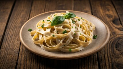 italian pasta dish fettuccine alfredo isolated on an aesthetic plating, concept for advertisement background
