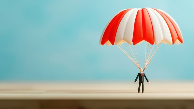 Miniature figure with a parachute showcasing the thrill of skydiving, representing adventure and courage in a unique concept.