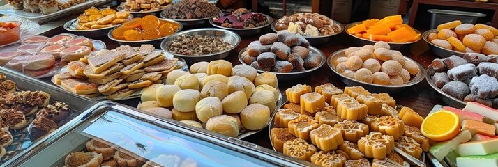 Fototapeta premium Families uphold various customs and traditions, especially the delightful assortment of traditional sweets that are treasured. The tastes and shapes of these confections are diverse.