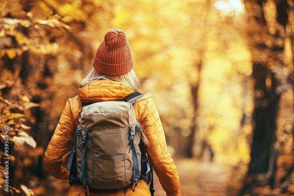 Wall mural a person with a backpack walking in the woods