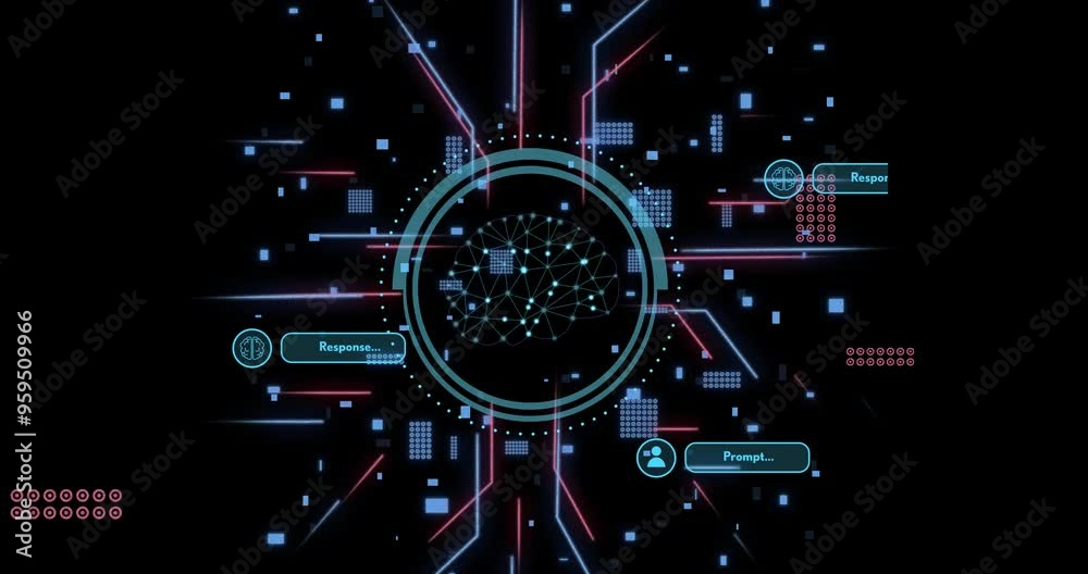 Poster digital brain network and data processing animation over dark background with neon lines