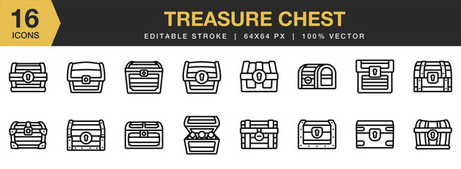 Treasure Chest icon set. Editable Stroke Icon Collection. Includes Antique, Box, Chest, Gold, Lock, Old, Treasure, and More. Outline icons vector collection.