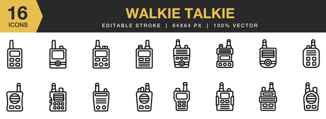 Walkie Talkie icon set. Editable Stroke Icon Collection. Includes Walkie, Talkie, Radio, Frequency, Transmitter, Electronics, and More. Outline icons vector collection.