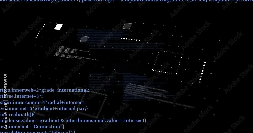 Poster programming code and geometric shapes animation over dark background with dotted grid