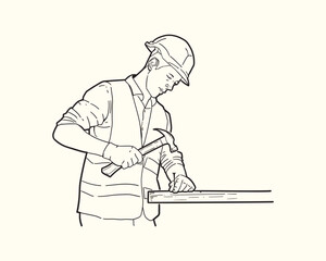 Hand draw Illustration of professional building construction workers hammering nails. Vector line art.